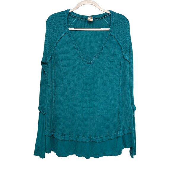 We The Free Teal Laguna Waffle Knit Long Sleeve V-Neck Tunic Top S - Picture 2 of 8